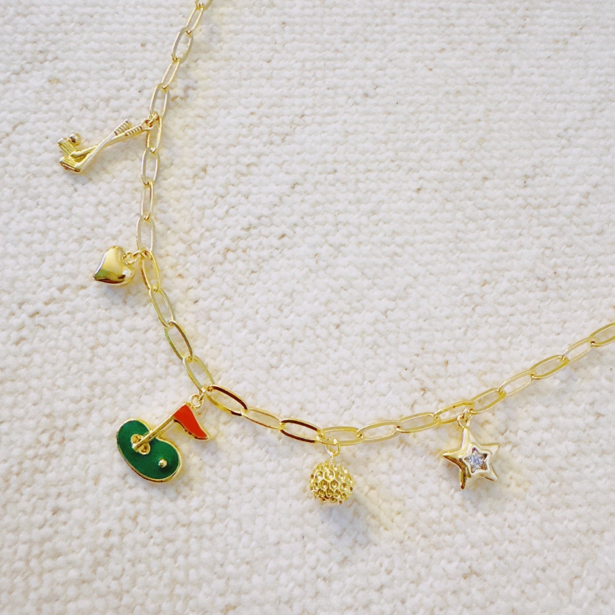 Golf Day Charm Necklace – Playful Gold Chain with Golf - Inspired Charms - Wednesday Golf Club