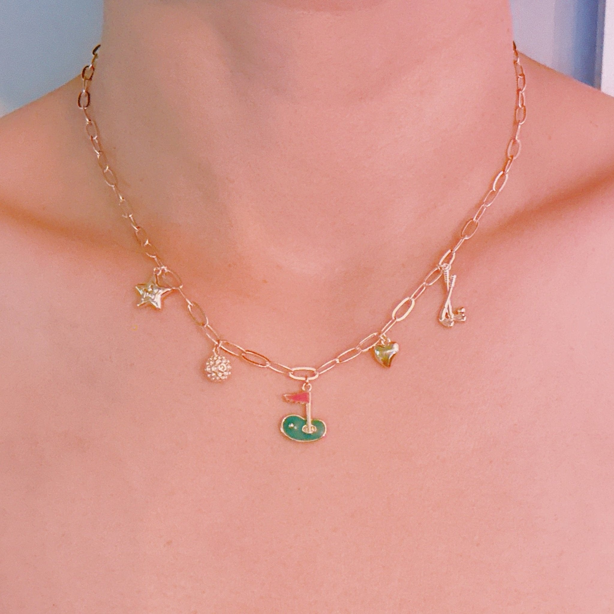 Golf Day Charm Necklace – Playful Gold Chain with Golf - Inspired Charms - Wednesday Golf Club