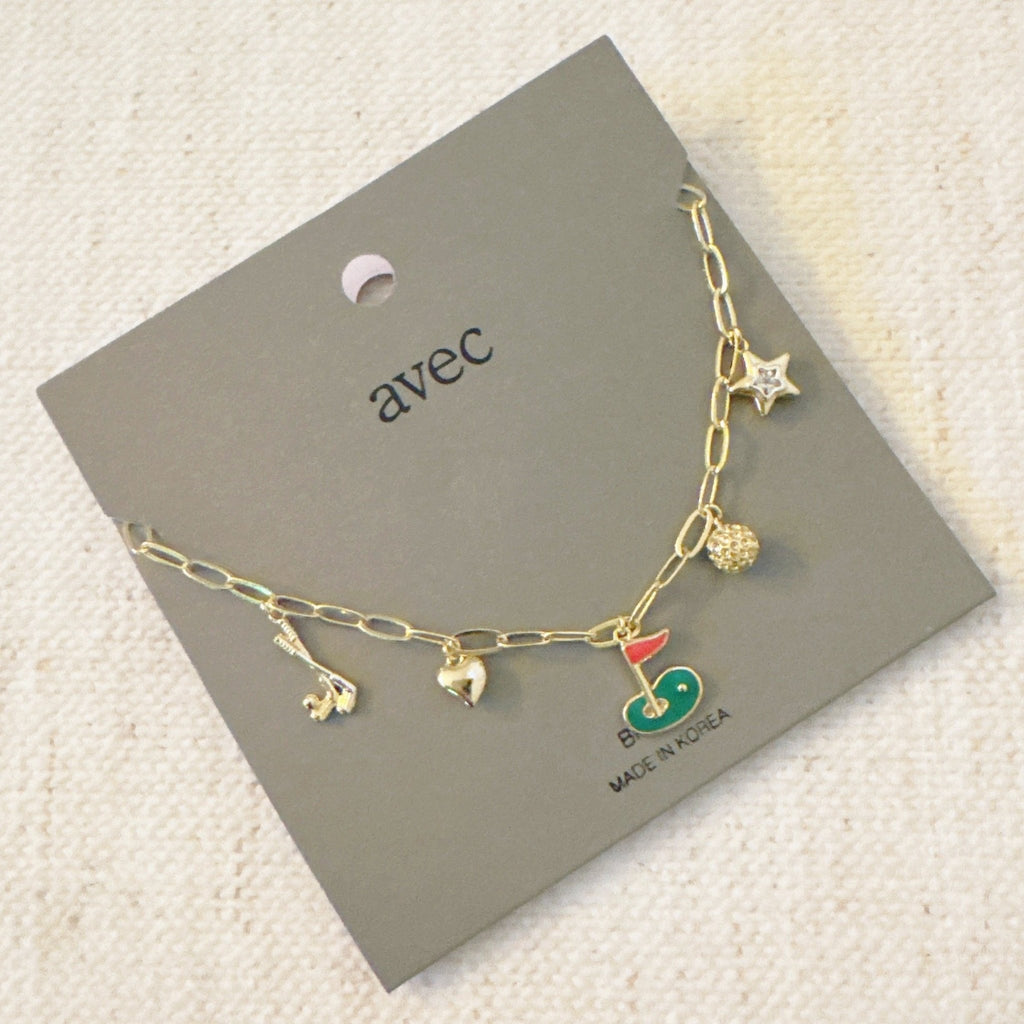 Golf Day Charm Necklace – Playful Gold Chain with Golf - Inspired Charms - Wednesday Golf Club